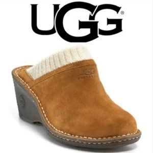 UGG Gael brown suede clogs with knit cuffs wedge 6